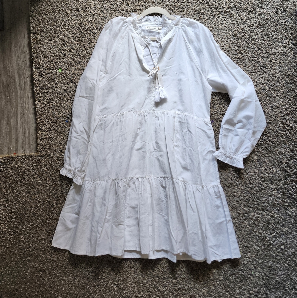 Roller RabbitJanni Tie V-Neck Long Sleeve Ruffle Cuff Waistless Tiered Dress - Picture 10 of 16